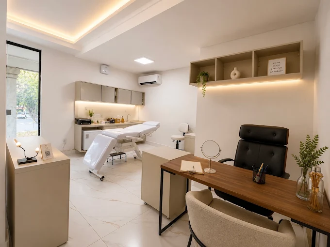 Sala de procedimentos da Maison La Renovence Beauty, com maca profissional e ambientação sofisticada